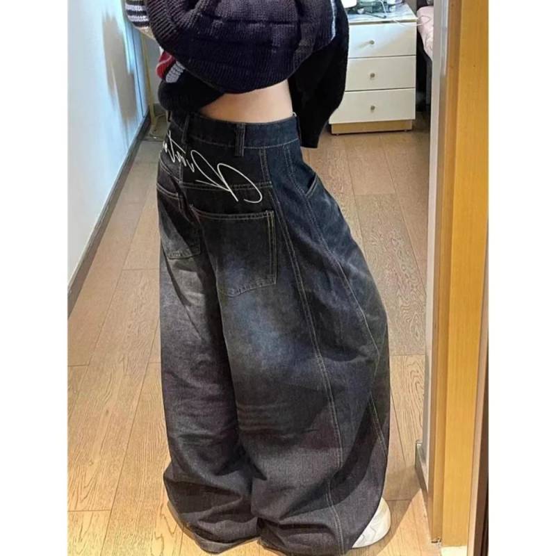 ZYLLO Damen Jeans Hohe Taille Vintage Design Hip Hop Straight Baggy Denimhose Street Y2K Amerikanischer Stil Weitbeinige Denimhose XXXL schwarz von Joom DACH