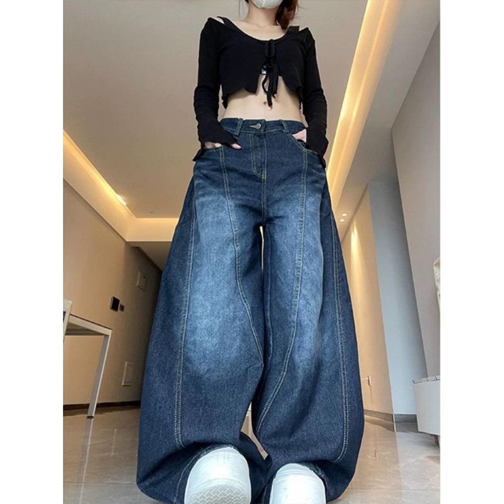 ZYLLO Damen Jeans Hohe Taille Vintage Design Hip Hop Straight Baggy Denimhose Street Y2K Amerikanischer Stil Weitbeinige Denimhose XXXL blau von Joom DACH