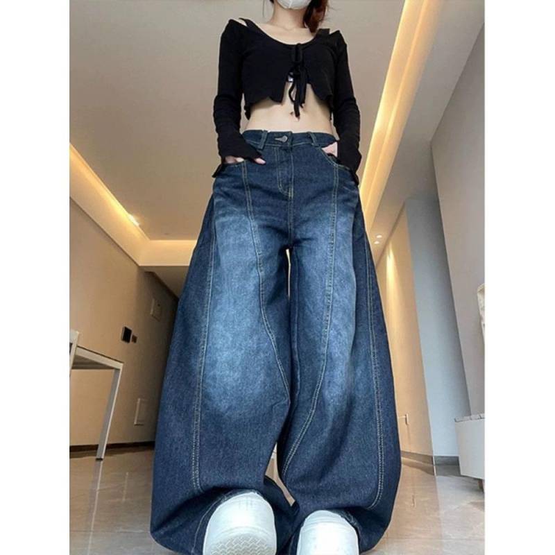 ZYLLO Damen Jeans Hohe Taille Vintage Design Hip Hop Straight Baggy Denimhose Street Y2K Amerikanischer Stil Weitbeinige Denimhose XXXL blau von Joom DACH