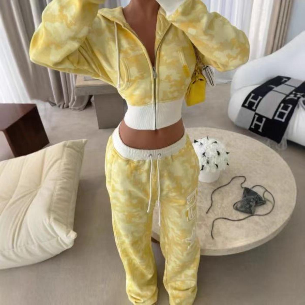 ZYLLO Y2K Rosa Camouflage Sportbekleidung Zweiteiliges Set Damen Hip-Hop Rock Taille Freiliegend Slim Reißverschluss Kapuzenpullover Neu Punk Lässige Sporthose M gelb von Joom DACH