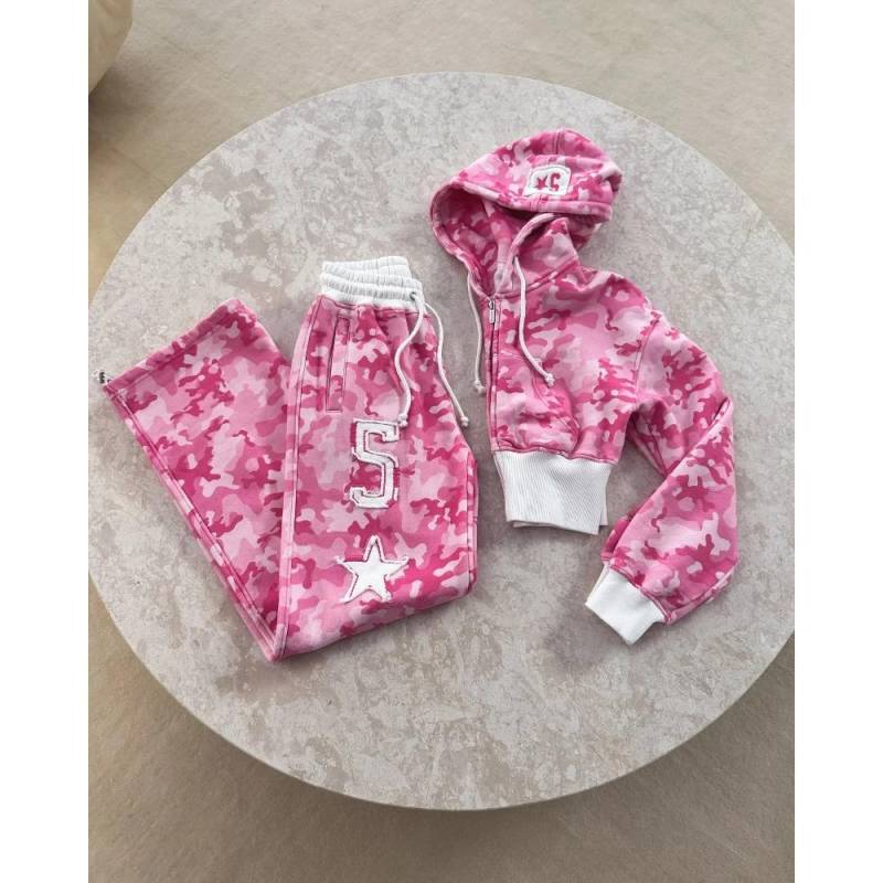 ZYLLO Y2K Rosa Camouflage Sportbekleidung Zweiteiliges Set Damen Hip-Hop Rock Taille Freiliegend Slim Reißverschluss Kapuzenpullover Neu Punk Lässige Sporthose S rosa von Joom DACH