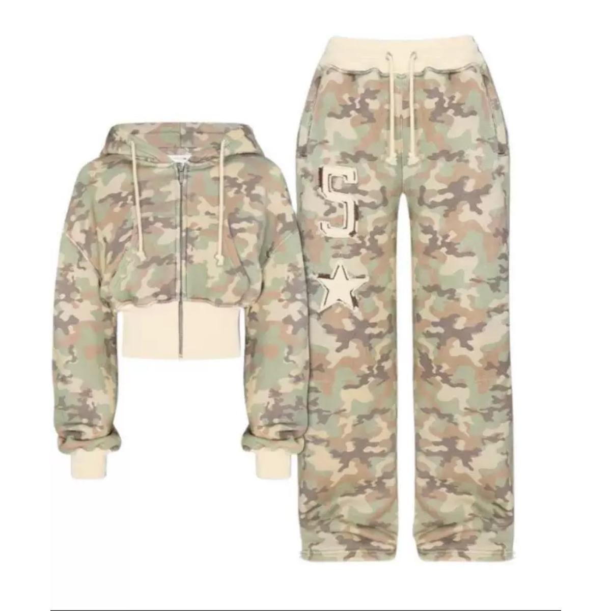 ZYLLO Y2K Rosa Camouflage Sportbekleidung Zweiteiliges Set Damen Hip-Hop Rock Taille Freiliegend Slim Reißverschluss Kapuzenpullover Neu Punk Lässige Sporthose S armee grüne von Joom DACH