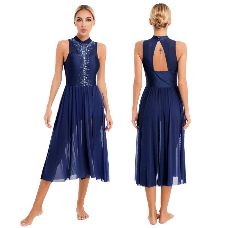 Zeitgenössisches lyrisches Tanzkleid für Damen, Gesellschaftstanz-Performance-Kostüm, ärmelloses Ballett-Trikotkleid mit Strasssteinen S navy blau von Joom DACH