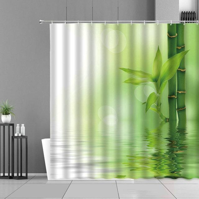 Zen grüner Bambus-Buddha-Duschvorhang, Landschaft, Wasser, Kerze, Stein, Lotu-Pflanze, Gartenlandschaft, wasserdichter Badezimmer-Vorhang 150x180cm von Joom DACH