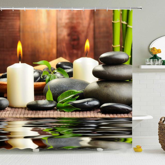 Zen grüner Bambus-Buddha-Duschvorhang, Landschaft, Wasser, Kerze, Stein, Lotu-Pflanze, Gartenlandschaft, wasserdichter Badezimmer-Vorhang 180*200CM von Joom DACH