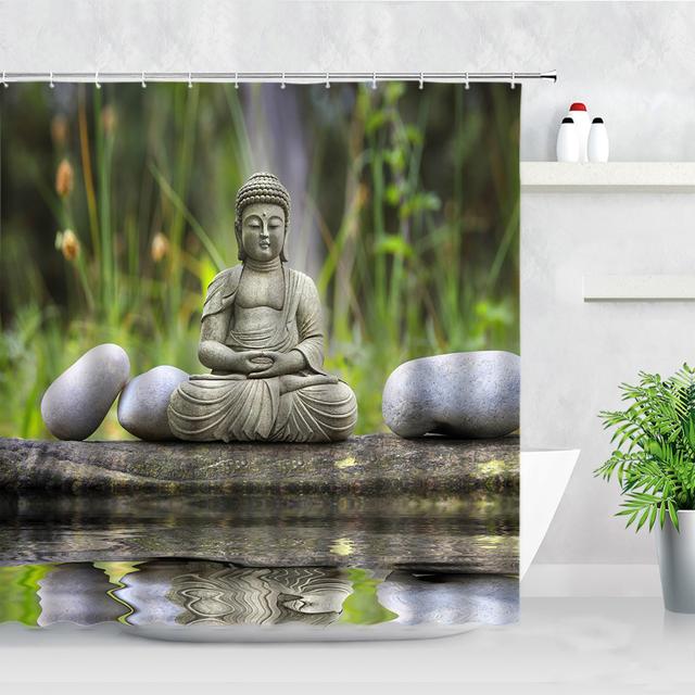 Zen grüner Bambus-Buddha-Duschvorhang, Landschaft, Wasser, Kerze, Stein, Lotu-Pflanze, Gartenlandschaft, wasserdichter Badezimmer-Vorhang 180*200CM von Joom DACH