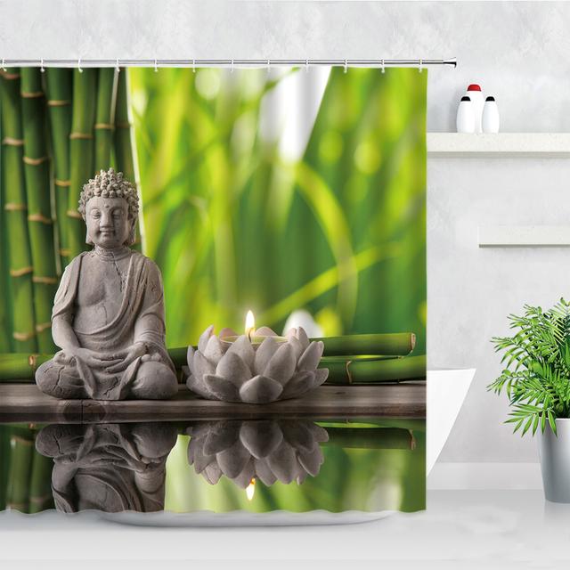 Zen grüner Bambus-Buddha-Duschvorhang, Landschaft, Wasser, Kerze, Stein, Lotu-Pflanze, Gartenlandschaft, wasserdichter Badezimmer-Vorhang 180*200CM von Joom DACH