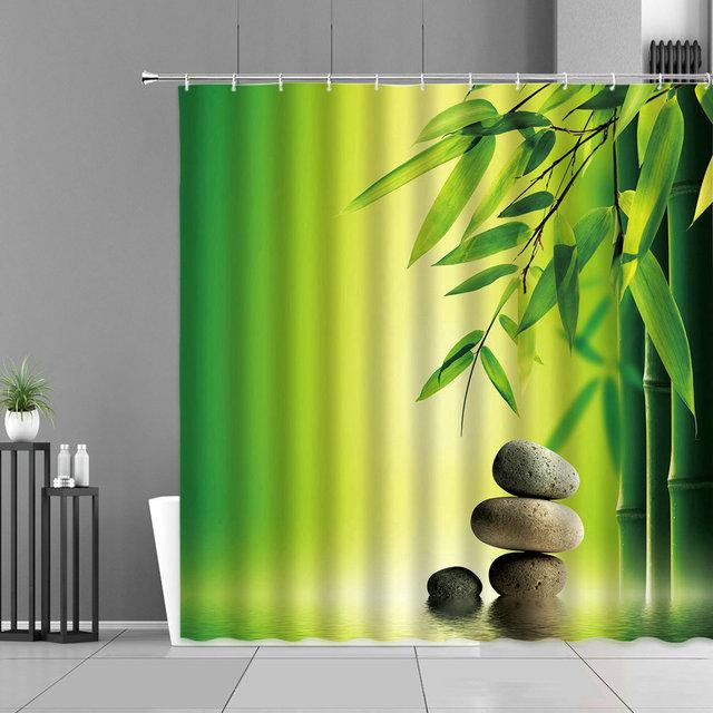 Zen grüner Bambus-Buddha-Duschvorhang, Landschaft, Wasser, Kerze, Stein, Lotu-Pflanze, Gartenlandschaft, wasserdichter Badezimmer-Vorhang 180x180cm von Joom DACH