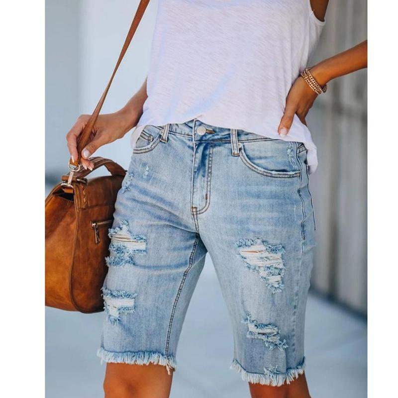 Zerrissene Jeans mit mittlerer Leibhöhe für Damen, lässige Jeans mit Reißverschluss, kniehohe High-Street-Wear-Denim-Shorts M blau Zerrissene Jeans mit mittlerer Leibhöhe für Damen, lässige Jeans mit Reißverschluss, kniehohe High-Street-Wear-Denim-Shorts M blau von Joom DACH