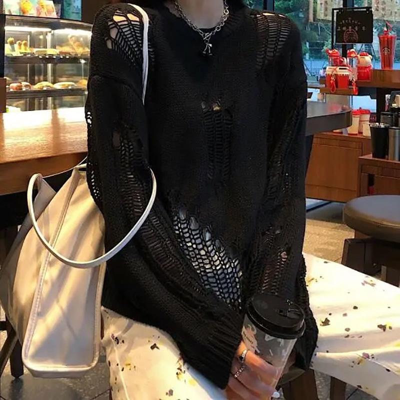 Zerrissener, lockerer Strickpullover für den Sommer mit Hohlsaum für Damen XL von Joom DACH