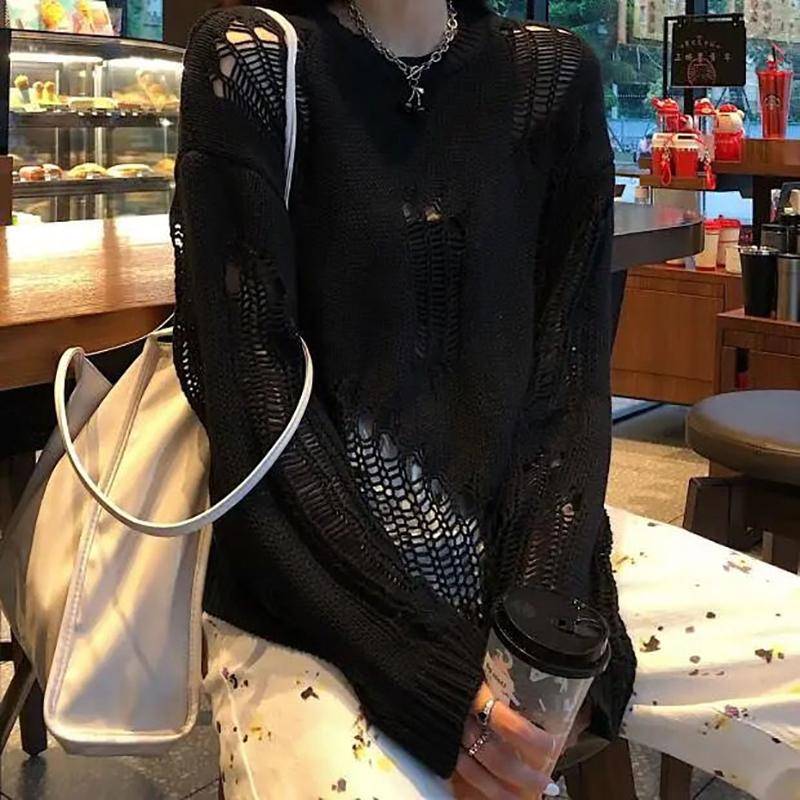 Zerrissener, lockerer Strickpullover für den Sommer mit Hohlsaum für Damen XL schwarz von Joom DACH