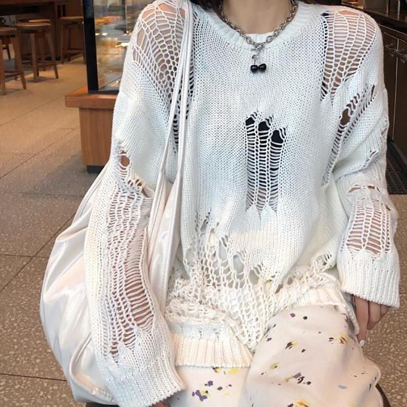 Zerrissener, lockerer Strickpullover für den Sommer mit Hohlsaum für Damen XL weiß von Joom DACH