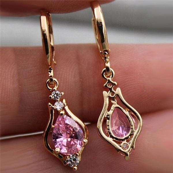 Zirkon Creolen Vintage Frau Regenbogen Zirkon Lange Ohrringe Niedliche geometrische Zirkon Hochzeit Ohrringe Jahrestag Geburtstagsgeschenk Modeschmuck rosa von Joom DACH