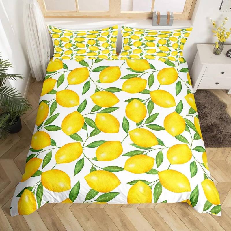 Zitronen Bettbezug Mädchen Jungen Kinder Botanisches Zitronenmuster Bettdeckenbezug Tropische Frucht Zimmer Dekorative Bettwäscheset mit Reißverschluss US Twin(172x218cm) von Joom DACH