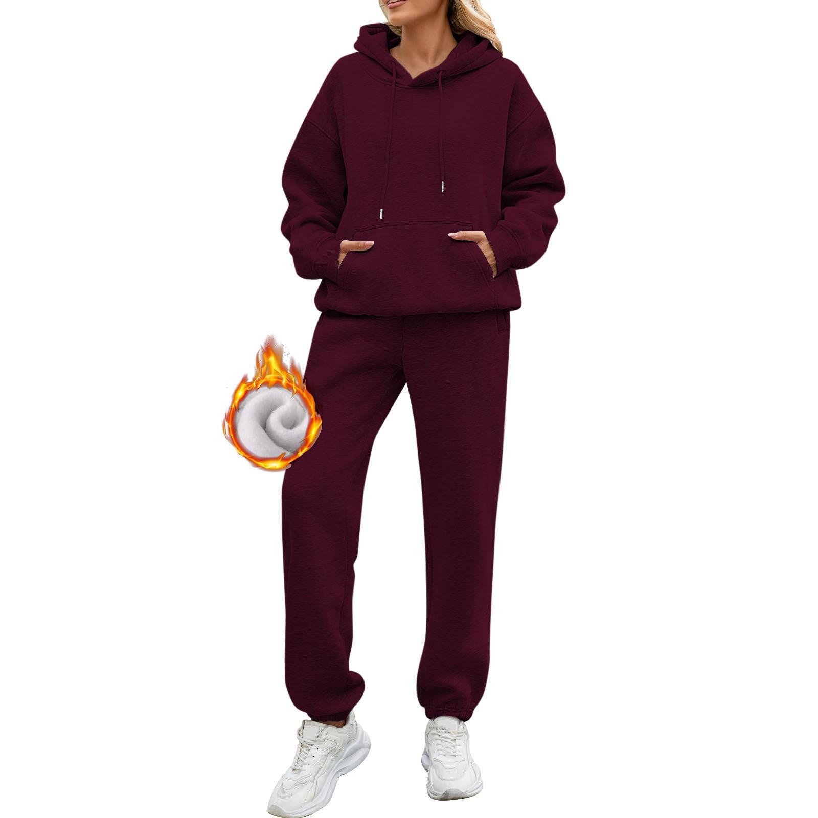 Zweiteilige Damen-Outfits, Kapuzenpullover, Sweatsuit-Sets, übergroßes Sweatshirt, Baggy-Herbstmode-Jogginghose mit Taschen L weinrot von Joom DACH
