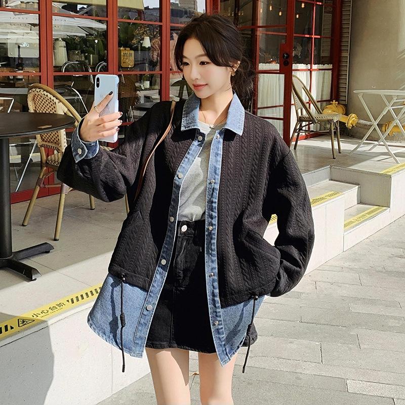 Zweiteilige Denim-Jacke mit Kontrastspleiß für Damen, neue, vielseitige Freizeitjacke XL schwarz von Joom DACH