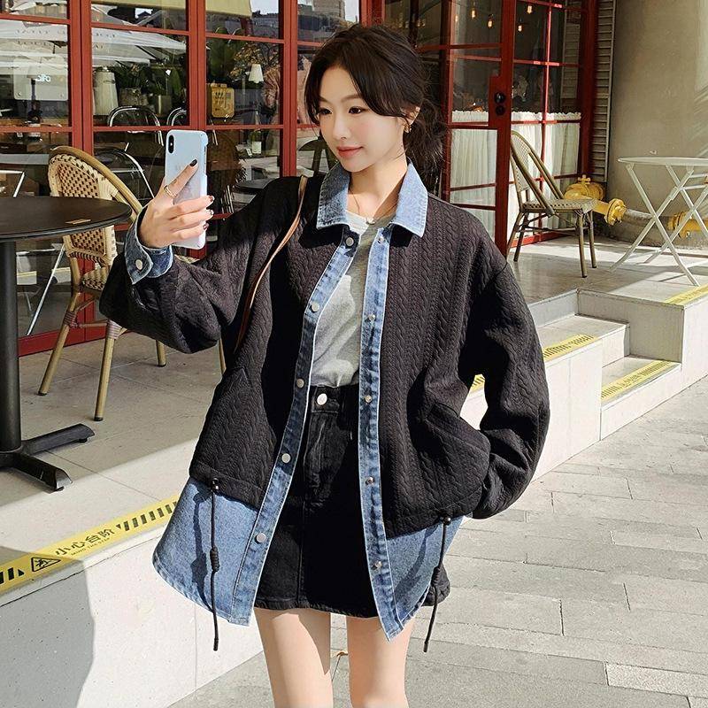 Zweiteilige Denim-Jacke mit Kontrastspleiß für Damen, neue, vielseitige Freizeitjacke XL schwarz von Joom DACH