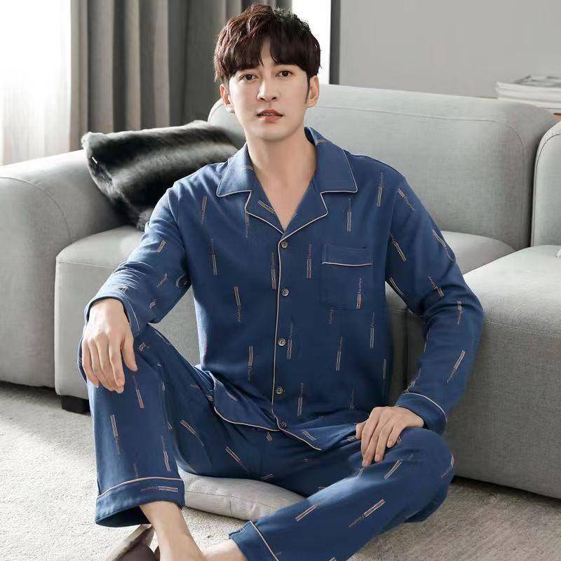 Zweiteiliges Pyjama-Set aus Baumwolle für Herren im Frühling und Herbst, Pyjama-Homewear in großer Größe, dünner Abschnitt, Freizeit-Homewear für Herbst und Winter XXL von Joom DACH