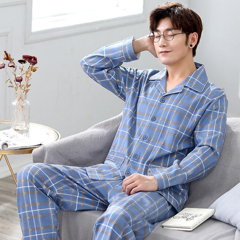 Zweiteiliges Pyjama-Set aus Baumwolle für Herren im Frühling und Herbst, Pyjama-Homewear in großer Größe, dünner Abschnitt, Freizeit-Homewear für Herbst und Winter XXXL von Joom DACH