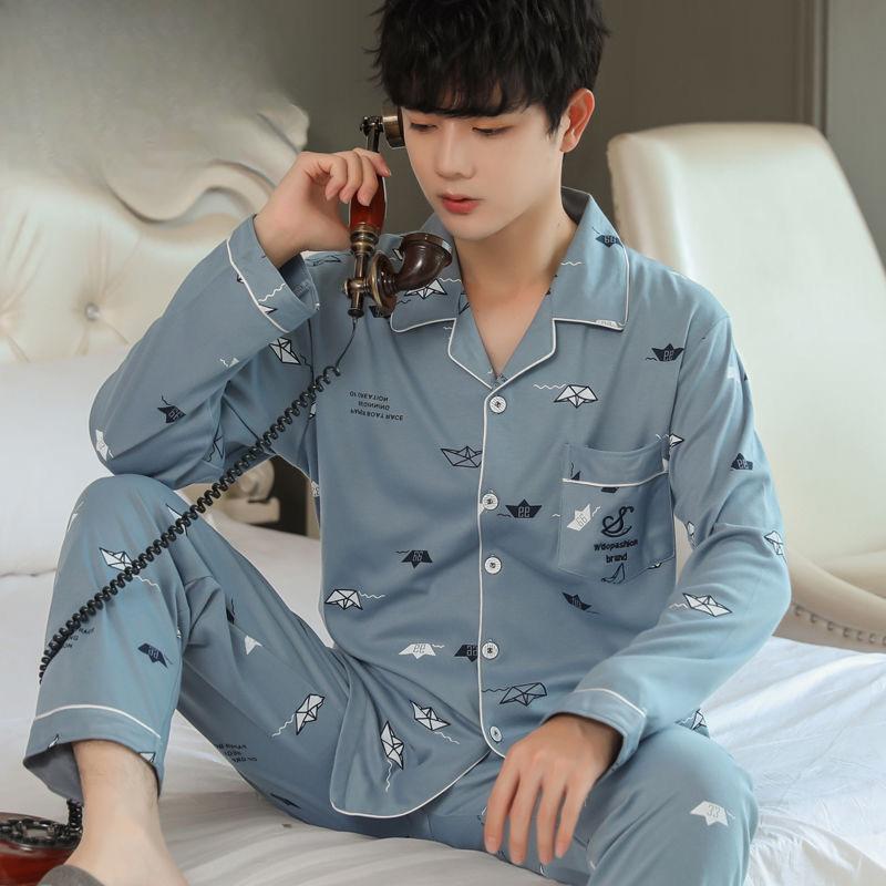 Zweiteiliges Pyjama-Set aus Baumwolle für Herren im Frühling und Herbst, Pyjama-Homewear in großer Größe, dünner Abschnitt, Freizeit-Homewear für Herbst und Winter XXXL von Joom DACH