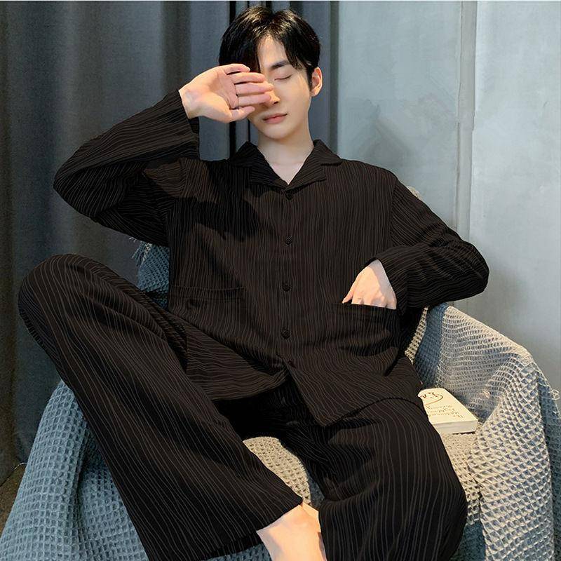 Zweiteiliges Pyjama-Set aus Baumwolle für Herren im Frühling und Herbst, Pyjama-Homewear in großer Größe, dünner Abschnitt, Freizeit-Homewear für Herbst und Winter XXXL von Joom DACH