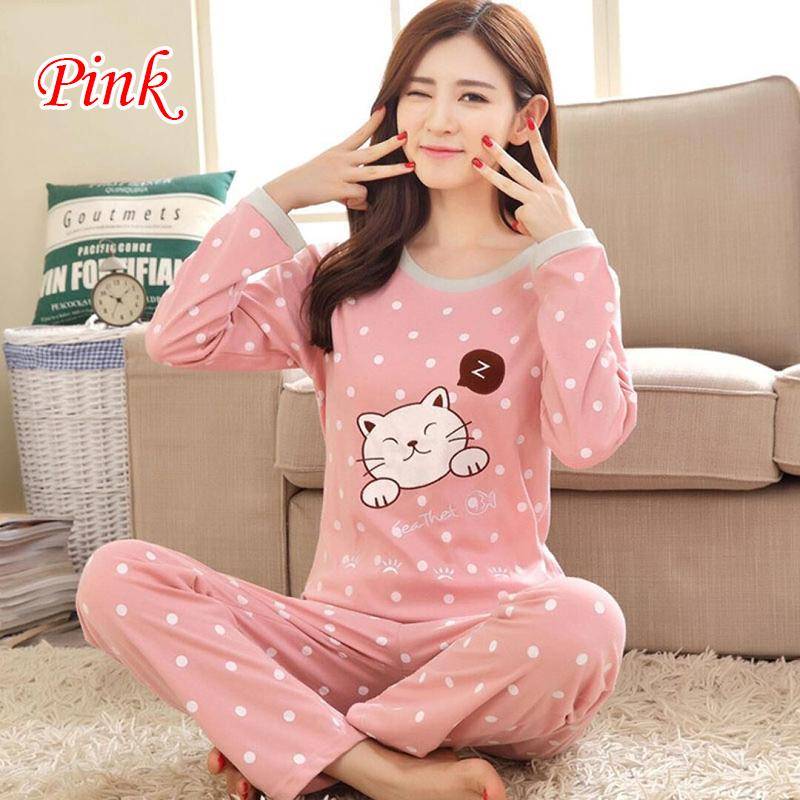 Zweiteiliges Pyjama-Set mit Cartoon-Motiv, niedlich, bedruckt, Nachtwäsche, Nachthemd, langärmlig, Pyjama für Damen, Homewear L rosa von Joom DACH