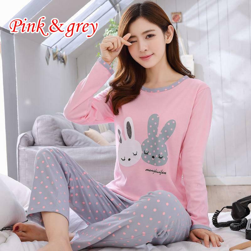 Zweiteiliges Pyjama-Set mit Cartoon-Motiv, niedlich, bedruckt, Nachtwäsche, Nachthemd, langärmlig, Pyjama für Damen, Homewear M grau/rosa von Joom DACH