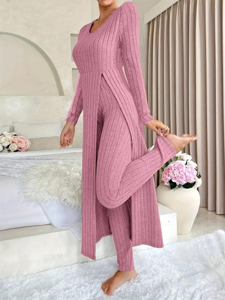 Zweiteiliges Set aus geripptem Langarm-Oberteil und Hose für Damen 3XL rosa von Joom DACH