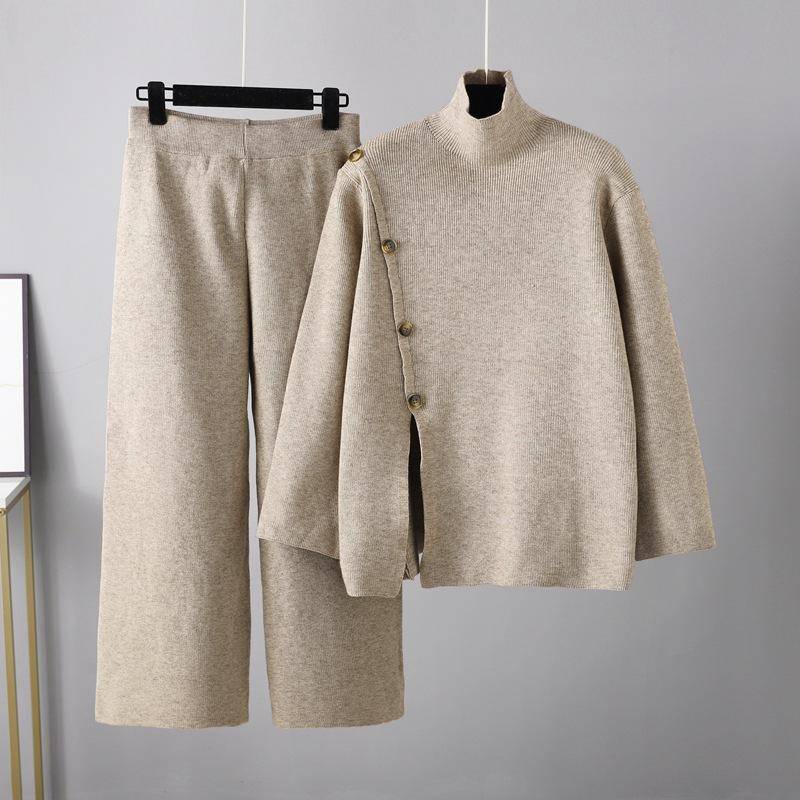 Zweiteiliges Set für Damen, Design Sense, Stehkragen, einfarbig, geteilter Strickpullover, Winterhose mit weitem Bein One size khaki von Joom DACH