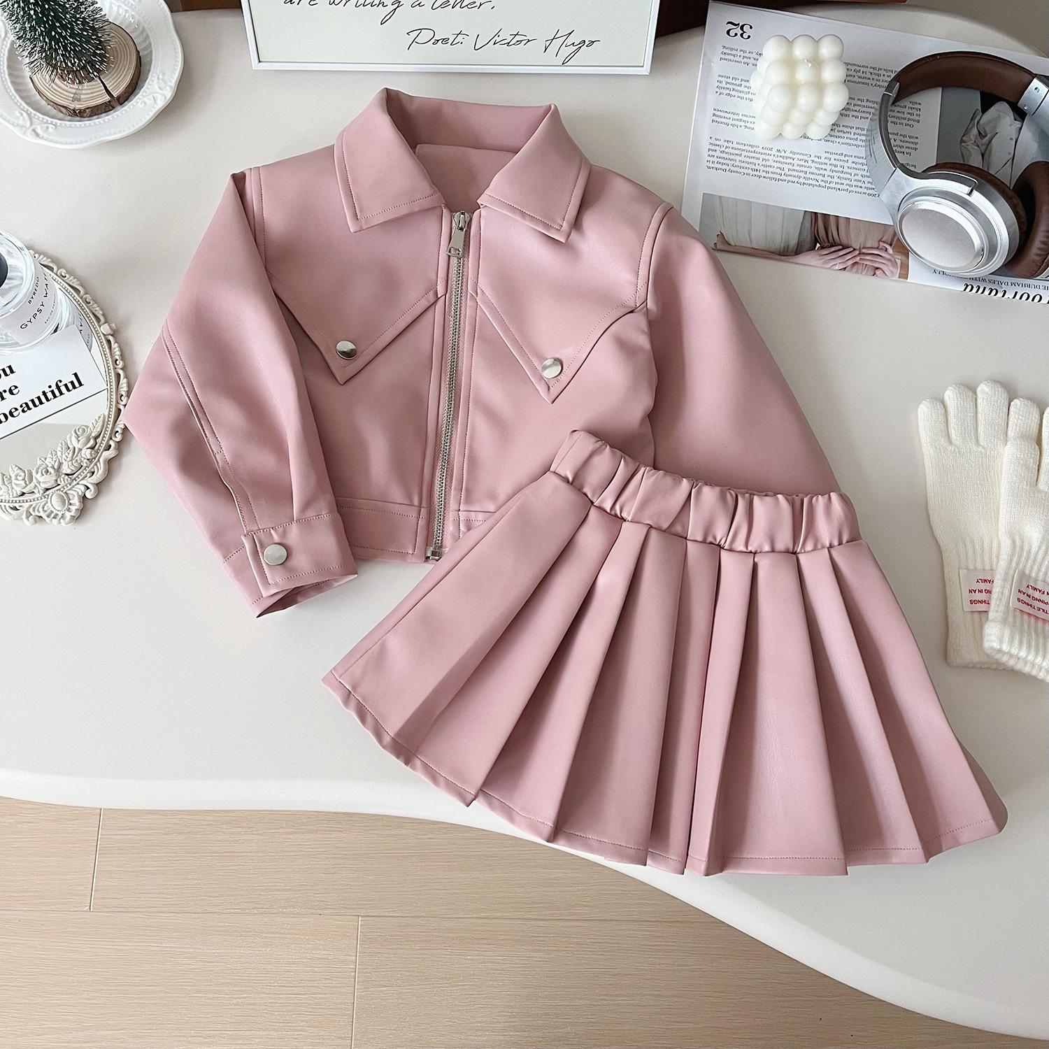 Zweiteiliges Set für Mädchen Hübsches Revers Einfarbiges Leder-Top + Einfarbiger Leder-Faltenrock Kinderkleidung Mädchen Kleinkindmädchenkleidung 140cm rosa von Joom DACH