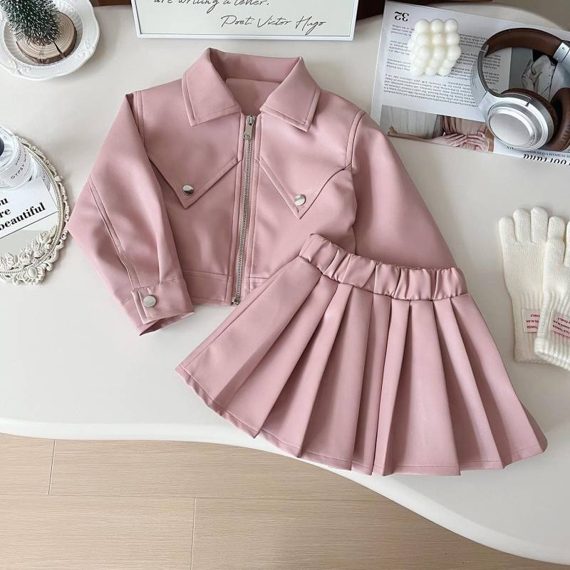 Zweiteiliges Set für Mädchen Hübsches Revers Einfarbiges Leder-Top + Einfarbiger Leder-Faltenrock Kinderkleidung Mädchen Kleinkindmädchenkleidung 140cm rosa von Joom DACH