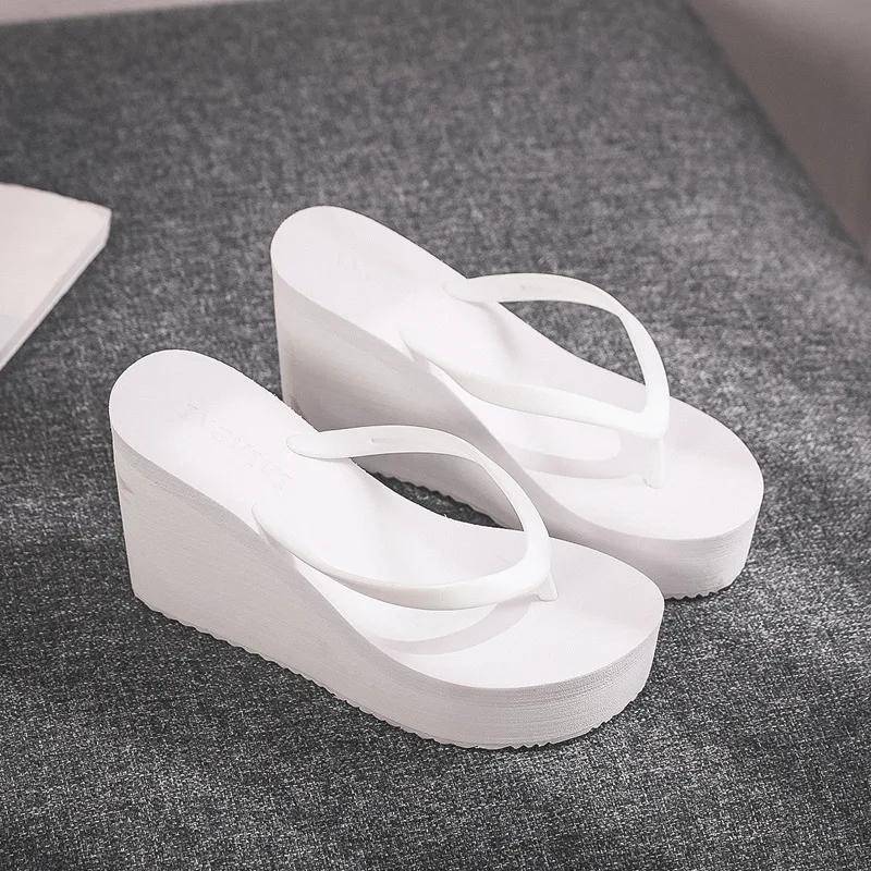 comemore Damen Sommerschuhe Frau 2021 Keilabsatz Gummi Flip Flops Pantoletten mit Absatz Bonbonfarben Plateau Damen Strandpantoffeln Weiß 39 35 von Joom DACH