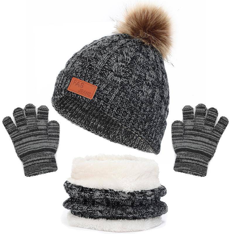 für 1–5 Jahre alt 3-teiliges Winter-Baby-Mützen-Set mit Schal und Handschuhen einfarbig verdickte Strickmütze für Kleinkinder Halstuch süße Bommel Kinder-Wollmützen fit 1-5 years von Joom DACH