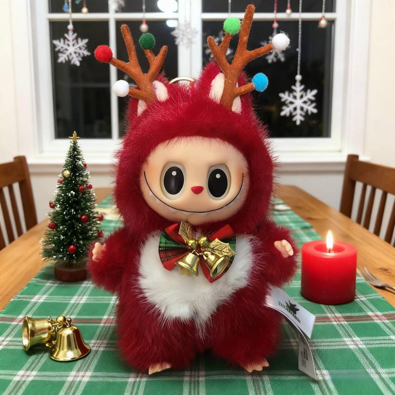 labubu Weihnachtsrentier Plüschtier Plüschtiere, Regenbogenstoff Blindbox, Plüschtierbeutel, Schlüsselanhänger 18cm von Joom DACH