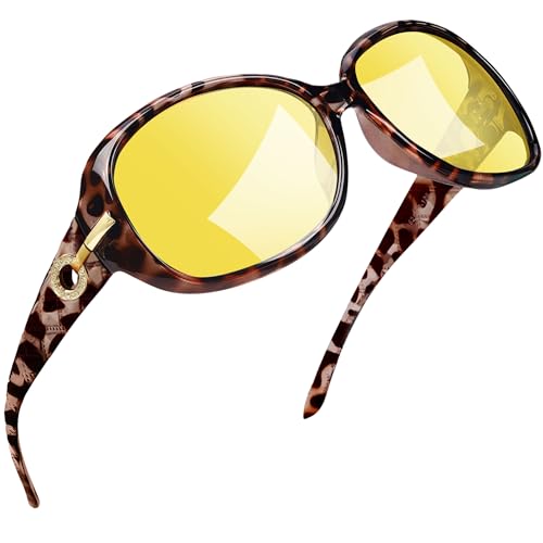 Joopin Retro Nachtsichtbrillen für Autofahrer und Damen Nachtbrille Gelb Sonnenbrille Damen Groß Nachtsicht UV400 XL Nachtfahrbrille (Leopard/Gelb) von Joopin