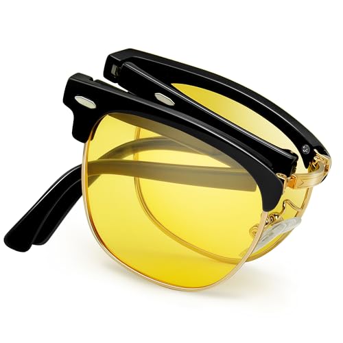 Joopin Faltbare Nachtbrille Halbrahmen Herren Nachtsichtbrille zum Autofahren Brille Damen Retro Nachtfahrbrille UV400 Faltbrille (Gelb Faltbare) von Joopin