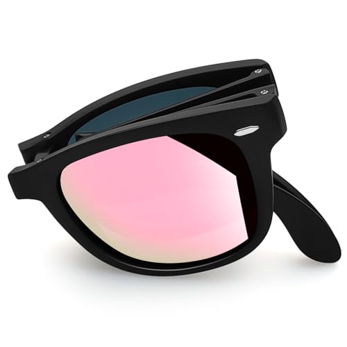 Joopin Rechteckige Faltbare Sonnenbrille Damen Rosa Spiegel Tragbare und Faltbrille Herren Polarisiert UV400 Unisex Retro Brille (Rosa Verspiegelt) von Joopin