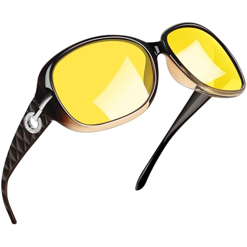 Joopin Gelbe Nachtsichtbrillen zum Autofahrer Damen und Nachtbrille UV400 Nachtsicht Nachtfahrbrille Sonnenbrille Damen mit XL Oversized Rahmen(Braun/Gelb) von Joopin