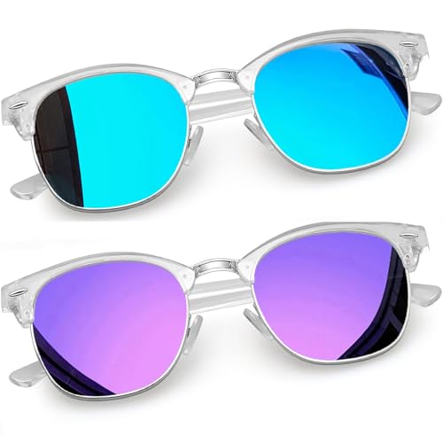 Joopin Halbrahmen Sonnenbrille Herren Polarisiert Blau Retro 2 Pack und Klassische Sonnenbrille Damen Lila UV400 (Verspiegelte Blau und Lila) von Joopin