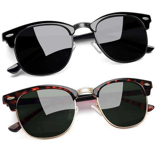 Joopin Halbrahmen Sonnenbrille Herren Polarisiert Schwarze Sonnenbrille Set und Vintage Sonnenbrille Damen Retro Sonnenbrille G15 Grün (Voll Schwarz + Schildkröte G15) von Joopin