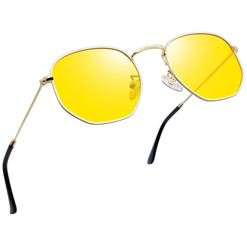Joopin Hexagonal Damen Nachtsichtbrille Runde zum Autofahren Polygon Nachtbrille UV400 Blendschutz Gewidmet Nachtbrille mit Stylisch Sechseck Metallrahmen (Gelbe) von Joopin