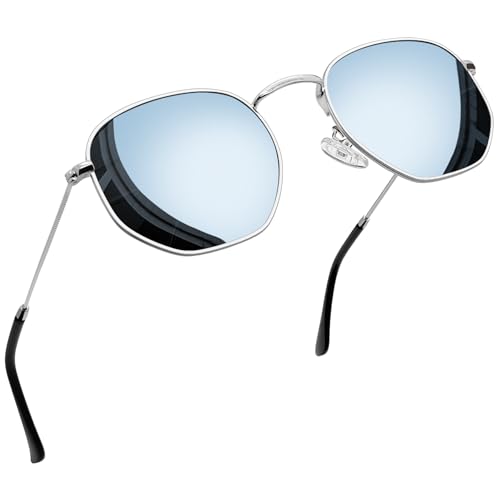 Joopin Polygon Verspiegelte Runde Sonnenbrille Damen Silber Polarisierte und Vintage Sonnenbrille Herren Rund Hippie mit Sechseck Metallrahmen (Silber Verspiegelt) von Joopin