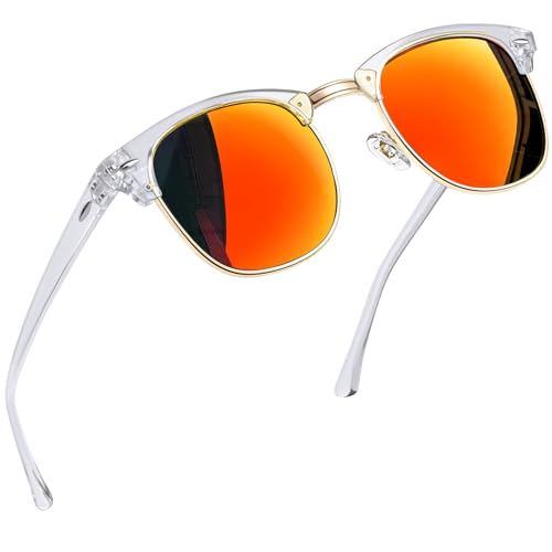 Joopin Retro Halbrahmen Sonnenbrille Damen Polarisiert Verspiegelte Orange Rot und Sonnenbrille Herren Vintage UV400 Sonnenbrille (Transparent Verspiegelte Rot) von Joopin