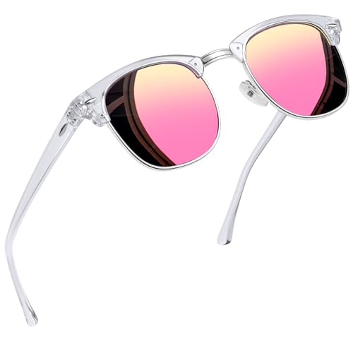 Joopin Retro Halbrahmen Sonnenbrille Damen Polarisiert Rosa Verspiegelte und Herren Sonnenbrille Vintage Brille UV400 für Fahren und Tourismus (Verspiegelte Rosa) von Joopin