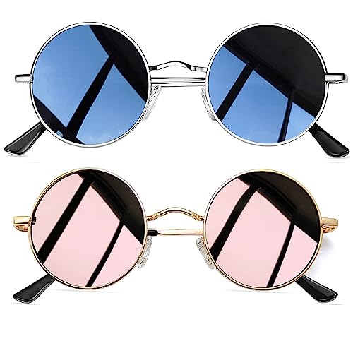 Joopin Retro Runde Sonnenbrille Herren Polarisiert Vintage Sonnenbrille Schwarz Damen Sonnenbrille Rosa 2 Pack (Silber Schwarz+Gold Rosa) von Joopin