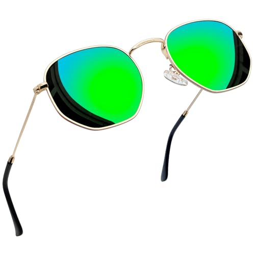 Joopin Retro Polygon Sonnenbrille Runde Herren und Polarisierte Sechseckige Brille Damen Grüne Verspiegelte UV400 Hippie mit Hexagonal Metallrahmen (Grün Spiegel) von Joopin