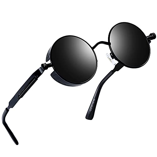 Joopin Retro Sonnenbrille Herren Damen Polarisiert Runde Sonnenbrille Schwarz und Vintage Steampunk Brille Sunglasses Unisex mit UV400-Schutz(Schwarz) von Joopin