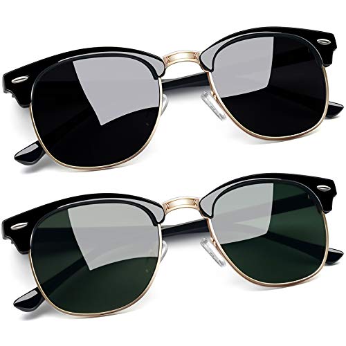 Joopin Halbrahmen Polarisierte Sonnenbrille Herren Retro Zwei Sonnenbrille Damen Grün G15 UV400 Sonnenbrille Schwarz Klassische Sonnenbrille (Schwarz G15 + Glänzend Schwarz) von Joopin