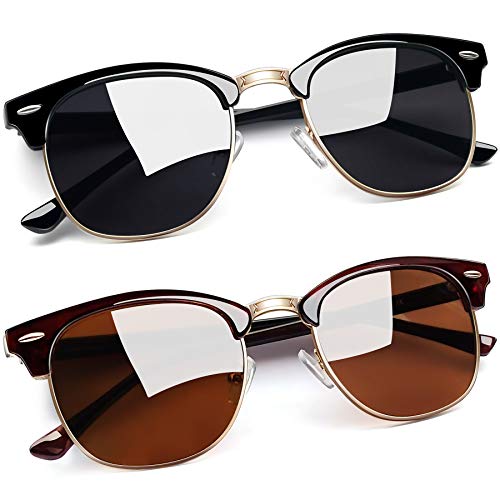 Joopin Vintage Halbrahmen Polarisierte Sonnenbrille Herren Braun Retro Sonnenbrille Damen Schwarz Set Klassische Brille (Braun und Glänzend Schwarz) von Joopin