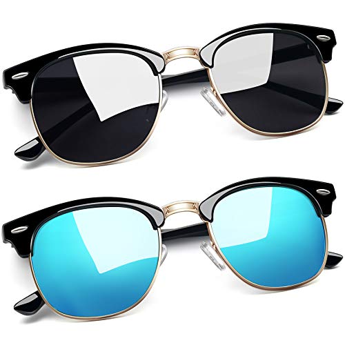 Joopin Halbrahmen Sonnenbrille Herren Blau Verspiegelt Sonnenbrille Polarisiert Set Schwarz und Retro Sonnenbrille Damen (Blau Verspiegelt+ Glänzend Schwarz) von Joopin